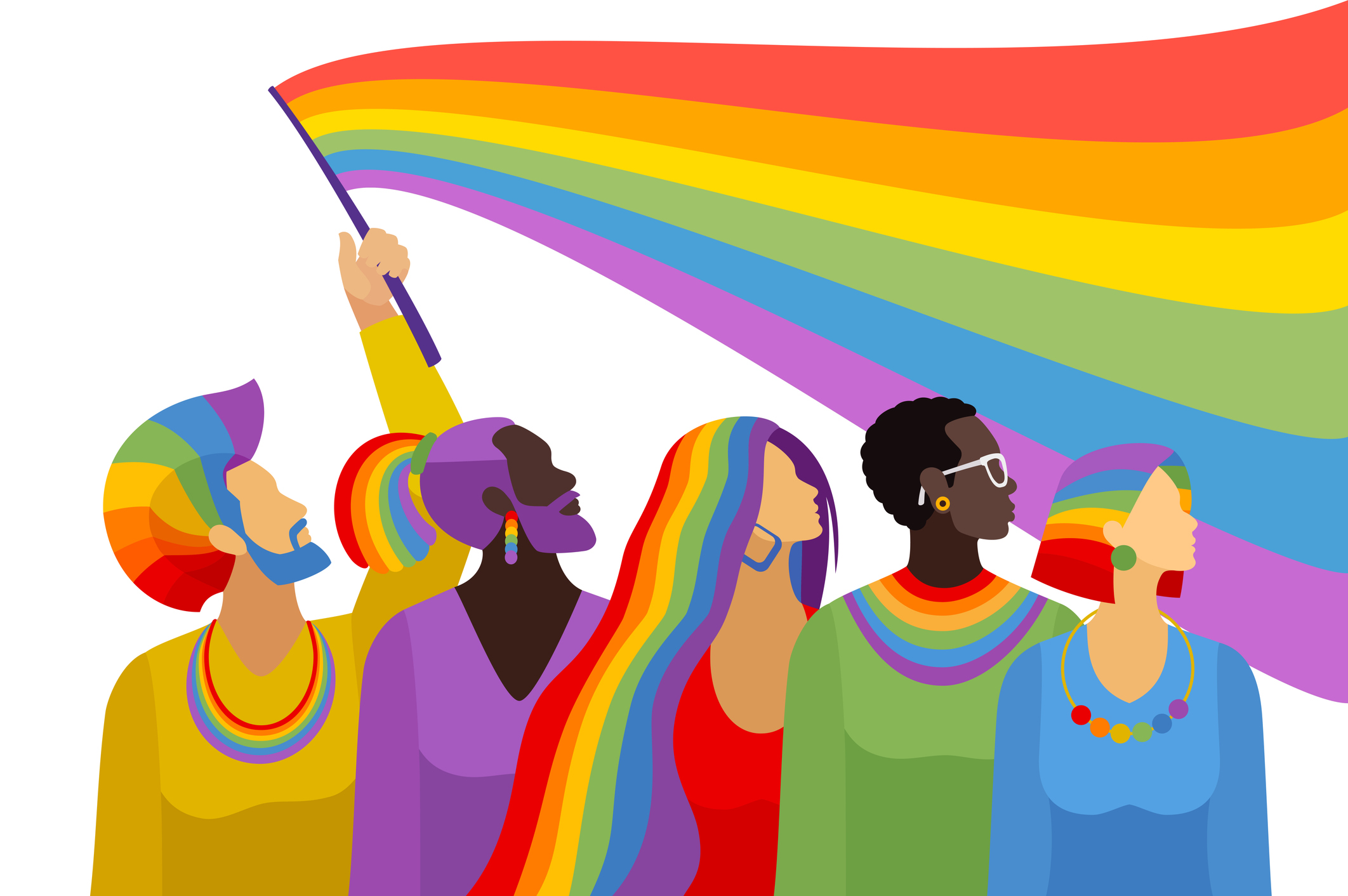 Illustartion von LGBT Gruppe von Menschen in bunten Farben mit Pride-Fahne.